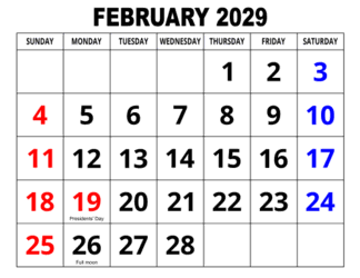 4. Large print monthly calendar, February 2029, Landscape. With full moon &, Federal US Holidays. Free, printable, monthly, calendar, pdf, png, print, download.