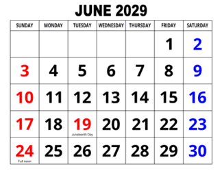 4. Large print monthly calendar, June 2029, Landscape. With full moon &, Federal US Holidays. Free, printable, monthly, calendar, pdf, png, print, download.