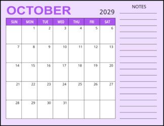 3. Monthly calendar printable, October 2029, Landscape. Free, printable, monthly, calendar, pdf, png, print, download.