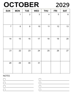 5. Printable calendar template, October 2029, Portrait. Free, printable, monthly, calendar, pdf, png, print, download.