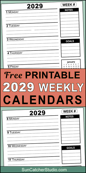 Printable 2029 weekly calendar, printable, weekly, week, week by week, DIY, calendar, free, blank, template, print, download, pdf.