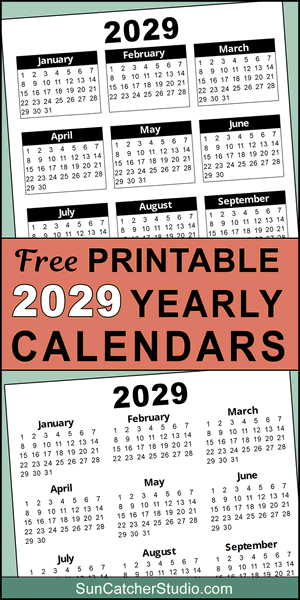 Printable calendar 2029, yearly, DIY, free, calendar, blank, template, PDF, PNG, SVG, print, download.