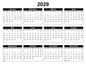 3. Printable 2029 Calendar. Landscape. Free, printable, template, calendar, year, yearly, pdf, png, svg, print, download.