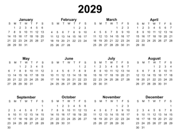 4. Yearly calendar 2029 printable. Landscape Free, printable, template, calendar, year, yearly, pdf, png, svg, print, download.