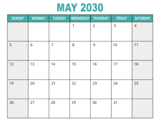 1. Free printable calendar, May 2030, Landscape. Free, printable, monthly, calendar, pdf, png, print, download.