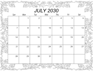 6. Free printable monthly calendar, July 2030, Landscape. Free, printable, monthly, calendar, pdf, png, print, download.