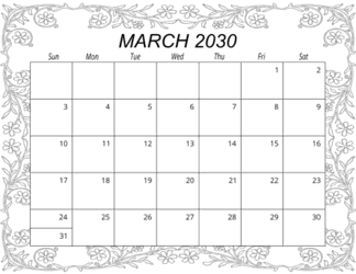6. Free printable monthly calendar, March 2030, Landscape. Free, printable, monthly, calendar, pdf, png, print, download.