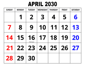 4. Large print monthly calendar, April 2030, Landscape. With full moon &, Federal US Holidays. Free, printable, monthly, calendar, pdf, png, print, download.