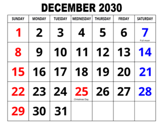 4. Large print monthly calendar, December 2030, Landscape. With full moon &, Federal US Holidays. Free, printable, monthly, calendar, pdf, png, print, download.