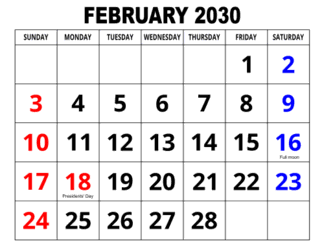4. Large print monthly calendar, February 2030, Landscape. With full moon &, Federal US Holidays. Free, printable, monthly, calendar, pdf, png, print, download.