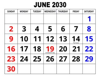4. Large print monthly calendar, June 2030, Landscape. With full moon &, Federal US Holidays. Free, printable, monthly, calendar, pdf, png, print, download.
