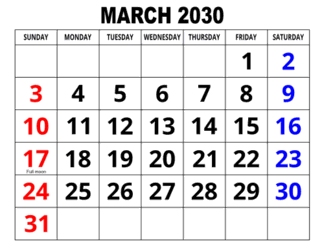4. Large print monthly calendar, March 2030, Landscape. With full moon &, Federal US Holidays. Free, printable, monthly, calendar, pdf, png, print, download.