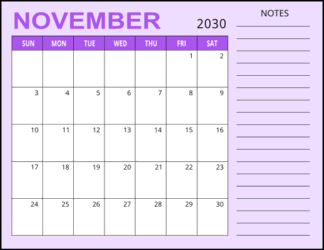 3. Monthly calendar printable, November 2030, Landscape. Free, printable, monthly, calendar, pdf, png, print, download.