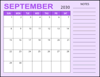 3. Monthly calendar printable, September 2030, Landscape. Free, printable, monthly, calendar, pdf, png, print, download.