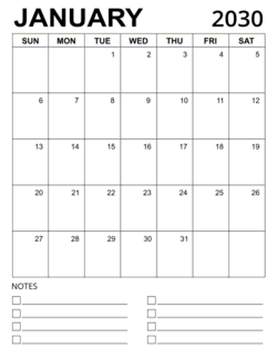 5. Printable calendar template, January 2030, Portrait. Free, printable, monthly, calendar, pdf, png, print, download.