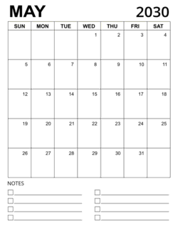 5. Printable calendar template, May 2030, Portrait. Free, printable, monthly, calendar, pdf, png, print, download.