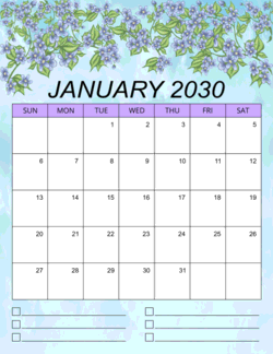 2. Printable monthly calendar, January 2030, Portrait. Free, printable, monthly, calendar, pdf, png, print, download.