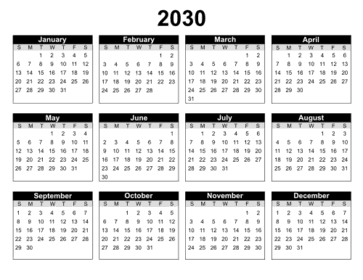 Printable 2030 Calendar. Landscape. Free, printable, template, calendar, year, yearly, pdf, png, svg, print, download.