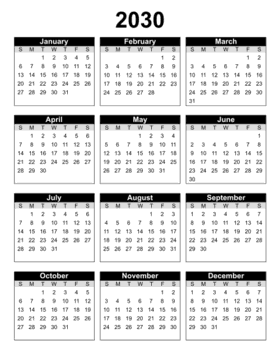 Printable calendar 2030. Portrait. Free, printable, template, calendar, year, yearly, pdf, png, svg, print, download.