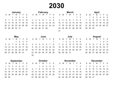 Yearly calendar 2030 printable. Landscape Free, printable, template, calendar, year, yearly, pdf, png, svg, print, download.