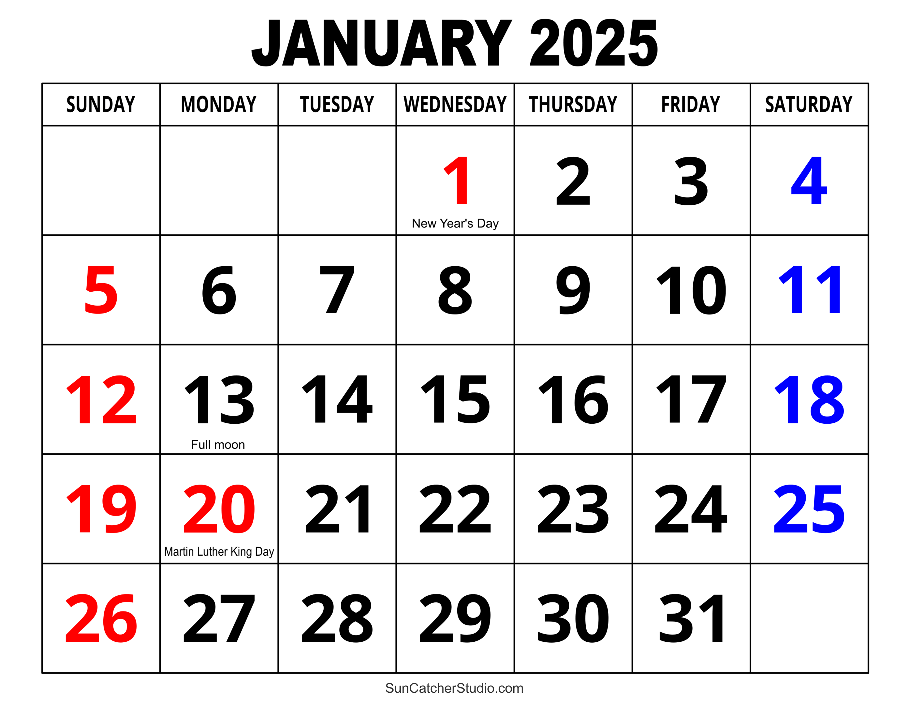 January 2025 Calendar Large Numbers 1 shirl mariette