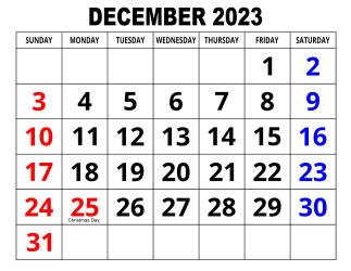 4. Large print monthly calendar, December 2023, Landscape, With Federal US Holidays. Free, printable, monthly, calendar, pdf, png, print, download.