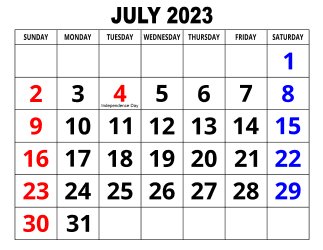 4. Large print monthly calendar, July 2023, Landscape, With Federal US Holidays. Free, printable, monthly, calendar, pdf, png, print, download.