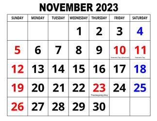 4. Large print monthly calendar, November 2023, Landscape, With Federal US Holidays. Free, printable, monthly, calendar, pdf, png, print, download.