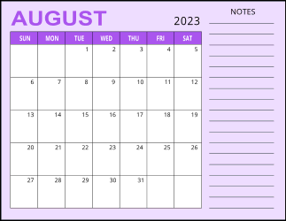 3. Monthly calendar printable, August 2023, Landscape. Free, printable, monthly, calendar, pdf, png, print, download.