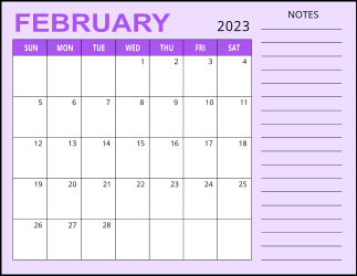 3. Monthly calendar printable, February 2023, Landscape. Free, printable, monthly, calendar, pdf, png, print, download.