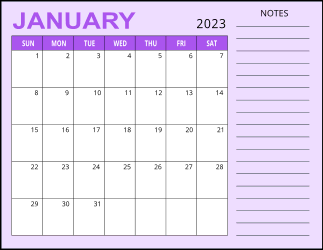 3. Monthly calendar printable, January 2023, Landscape. Free, printable, monthly, calendar, pdf, png, print, download.
