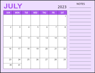 3. Monthly calendar printable, July 2023, Landscape. Free, printable, monthly, calendar, pdf, png, print, download.