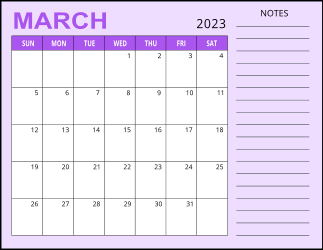 3. Monthly calendar printable, March 2023, Landscape. Free, printable, monthly, calendar, pdf, png, print, download.