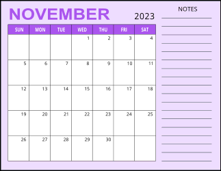 3. Monthly calendar printable, November 2023, Landscape. Free, printable, monthly, calendar, pdf, png, print, download.