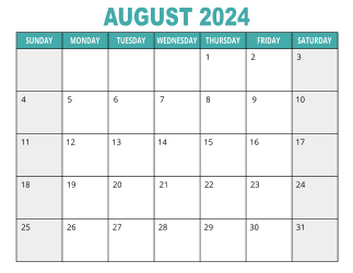 1. Free printable calendar, August 2024, Landscape. Free, printable, monthly, calendar, pdf, png, print, download.