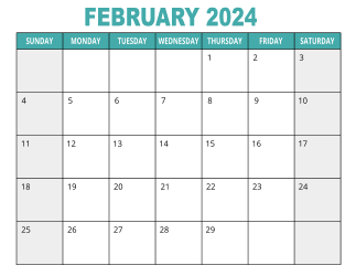 1. Free printable calendar, February 2024, Landscape. Free, printable, monthly, calendar, pdf, png, print, download.