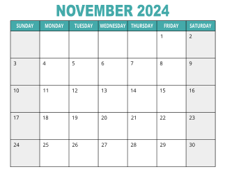 1. Free printable calendar, November 2024, Landscape. Free, printable, monthly, calendar, pdf, png, print, download.