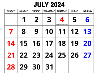 4. Large print monthly calendar, July 2024, Landscape, With Federal US Holidays. Free, printable, monthly, calendar, pdf, png, print, download.