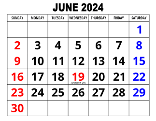 4. Large print monthly calendar, June 2024, Landscape, With Federal US Holidays. Free, printable, monthly, calendar, pdf, png, print, download.