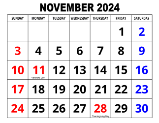 4. Large print monthly calendar, November 2024, Landscape, With Federal US Holidays. Free, printable, monthly, calendar, pdf, png, print, download.