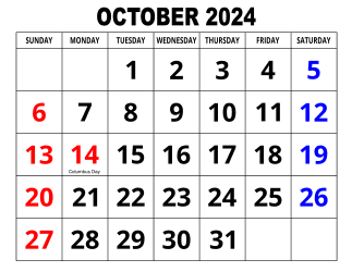 4. Large print monthly calendar, October 2024, Landscape, With Federal US Holidays. Free, printable, monthly, calendar, pdf, png, print, download.