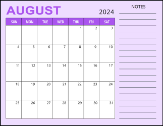 3. Monthly calendar printable, August 2024, Landscape. Free, printable, monthly, calendar, pdf, png, print, download.