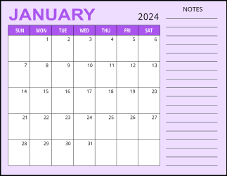 3. Monthly calendar printable, January 2024, Landscape. Free, printable, monthly, calendar, pdf, png, print, download.