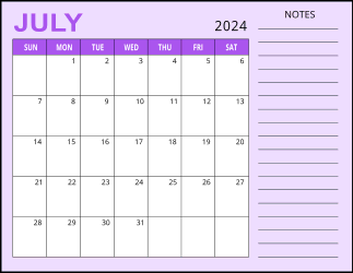3. Monthly calendar printable, July 2024, Landscape. Free, printable, monthly, calendar, pdf, png, print, download.