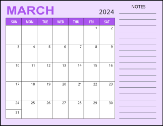 3. Monthly calendar printable, March 2024, Landscape. Free, printable, monthly, calendar, pdf, png, print, download.