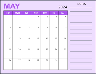 3. Monthly calendar printable, May 2024, Landscape. Free, printable, monthly, calendar, pdf, png, print, download.