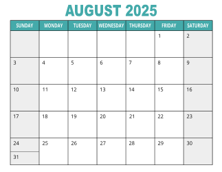 1. Free printable calendar, August 2025, Landscape. Free, printable, monthly, calendar, pdf, png, print, download.