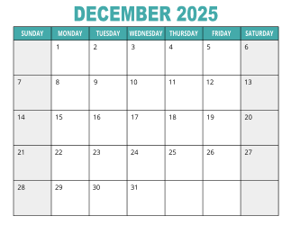 1. Free printable calendar, December 2025, Landscape. Free, printable, monthly, calendar, pdf, png, print, download.