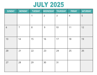 1. Free printable calendar, July 2025, Landscape. Free, printable, monthly, calendar, pdf, png, print, download.