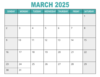 1. Free printable calendar, March 2025, Landscape. Free, printable, monthly, calendar, pdf, png, print, download.